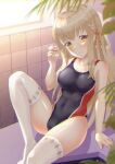 1girl black_swimsuit blonde_hair breasts commentary_request competition_swimsuit covered_navel cowboy_shot glass highres kuuron long_hair looking_at_viewer medium_breasts one-piece_swimsuit onsen_musume original sakunami_nichika sitting solo swimsuit thigh-highs tile_wall tiles white_legwear window yellow_eyes 