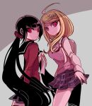  2girls ahoge akamatsu_kaede backpack bag bangs black_hair blonde_hair blunt_bangs breasts dangan_ronpa_(series) dangan_ronpa_v3:_killing_harmony expressionless glowing glowing_eyes hair_ornament hair_scrunchie harukawa_maki long_hair long_sleeves looking_at_viewer low_twintails mako_gai mole mole_under_eye multiple_girls musical_note musical_note_hair_ornament necktie plaid plaid_skirt pleated_skirt randoseru red_eyes red_legwear red_scrunchie red_shirt school_uniform scrunchie serafuku shirt skirt smile staff_(music) sweater_vest thigh-highs twintails very_long_hair violet_eyes 