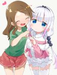  2girls :d ^_^ bangs beads black_hairband blue_eyes blunt_bangs brown_hair capelet center_frills child closed_eyes commentary_request frilled_capelet frills green_shirt hair_beads hair_ornament hairband heart heart_hands heart_hands_duo highres kanna_kamui kobayashi-san_chi_no_maidragon long_hair long_sleeves looking_at_viewer low_twintails makuran multiple_girls open_mouth red_skirt saikawa_riko shirt short_sleeves silver_hair simple_background skirt smile thigh-highs twintails white_background white_legwear 