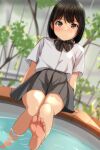  1girl ashiyu barefoot black_hair blush bob_cut brown_eyes highres looking_at_viewer matsunaga_kouyou original school_uniform short_hair sitting soaking_feet soles solo 