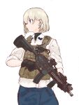  1girl absurdres ar-15 black_gloves blonde_hair blue_eyes blue_pants closed_mouth earrings gloves gun hair_between_eyes highres holding holding_gun holding_weapon jewelry looking_to_the_side nagi-1945 original pants rifle shirt short_hair simple_background sleeves_rolled_up solo trigger_discipline vest weapon white_background white_shirt 