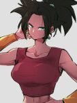  black_hair breasts closed_mouth collarbone dragon_ball dragon_ball_super earrings green_eyes grey_background jewelry kefla_(dragon_ball) kemachiku large_breasts looking_at_viewer potara_earrings short_hair simple_background 