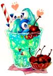  afloat animal_focus blue_eyes blush bowl bubble cherry closed_mouth commentary cup drinking_glass drinking_straw food food_focus freckles fruit gen_4_pokemon gen_5_pokemon heart highres ice_cream ice_cream_float in_food marker_(medium) mofuo no_humans notice_lines oshawott oversized_food partially_submerged piplup pokemon pokemon_(creature) simple_background soda striped traditional_media white_background 