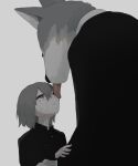  1boy 1other absurdres avogado6 black_shirt commentary_request crying crying_with_eyes_open furry grey_hair hair_between_eyes height_difference highres licking licking_face looking_up original parted_lips shirt tears wolf 