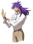  1boy adjusting_sleeves bangs brown_pants closed_mouth collared_shirt cravat dark-skinned_male dark_skin dynamax_band facial_hair from_side highres leon_(pokemon) long_hair male_focus morio_(poke_orio) pants pokemon pokemon_(game) pokemon_swsh purple_hair shirt shirt_tucked_in simple_background solo white_background white_neckwear white_shirt yellow_eyes 