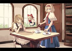  3girls :/ alice_margatroid apron bangs black_vest blonde_hair bloom blue_dress blue_eyes book bookshelf bow bowtie braid breasts bright_pupils buttons capelet chair closed_mouth cup day door dress drinking drinking_straw expressionless eyebrows_behind_hair feet_out_of_frame food fork frills hair_bow hair_ribbon hairband holding holding_cup hourai_doll indoors kirisame_marisa leaf letterboxed lolita_hairband long_hair looking_ahead multiple_girls no_hat no_headwear ookashippo plate puffy_short_sleeves puffy_sleeves red_bow red_hairband red_neckwear red_sash ribbon sash saucer short_hair short_sleeves side_braid single_braid sitting small_breasts standing swept_bangs table tea teacup touhou tress_ribbon vest waist_apron white_apron white_bow white_capelet window yellow_eyes 