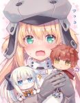  1boy 2girls ? artoria_pendragon_(all) artoria_pendragon_(caster)_(fate) bangs bare_shoulders black_bow blonde_hair blue_eyes blush bow braid chibi closed_mouth commentary_request eyebrows_visible_through_hair fate/grand_order fate_(series) flying_sweatdrops french_braid gloves green_eyes grey_gloves grey_headwear hair_between_eyes hair_bow hat holding japanese_clothes long_hair looking_at_viewer miniboy minigirl morgan_le_fay_(fate) multiple_girls open_mouth ponytail redhead rioshi sengo_muramasa_(fate) short_hair siblings silver_hair sisters sweatdrop twintails yellow_eyes 