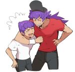  2boys alternate_costume arm_around_neck bangs baseball_cap black_pants brothers closed_eyes commentary_request dark-skinned_male dark_skin facial_hair grin hat highres hop_(pokemon) leon_(pokemon) long_hair male_focus morio_(poke_orio) multiple_boys open_mouth pants pokemon pokemon_(game) pokemon_swsh purple_hair red_shirt shirt short_hair short_sleeves siblings smile t-shirt teeth tongue upper_teeth white_background white_shirt |d 