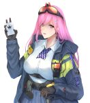  1girl absurdres bangs belt black_gloves blue_skirt breasts card cozie178 eyebrows_visible_through_hair eyewear_on_head girls_frontline gloves highres holding holding_card holstered_weapon joker_(card) large_breasts long_hair looking_at_viewer open_mouth pink_eyes pink_hair playing_card police police_uniform shirt sig_mcx_(girls_frontline) sig_sauer skirt solo uniform walkie-talkie white_background white_shirt 