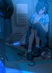  1girl absurdres backpack bag blurry blurry_foreground cellphone crying crying_with_eyes_open hair_over_one_eye hand_on_own_knee handbag highres indoors knees_up macaronk original phone rug sandals shoes short_hair short_sleeves skirt sneakers socks tears umbrella wet white_legwear 