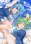  2girls arm_up bangs blue_bow blue_dress blue_eyes blue_hair blue_sky blush bow breasts cirno closed_eyes clouds cloudy_sky collar daiyousei dress green_hair hair_between_eyes hair_ribbon hands_together hands_up highres ice ice_wings karasusou_nano large_breasts looking_at_viewer multiple_girls open_mouth ponytail red_bow red_neckwear ribbon short_hair short_sleeves sky smile socks touhou water white_collar white_legwear white_sleeves wings yellow_neckwear yellow_ribbon 