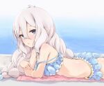  1girl ass bikini blue_bikini blue_eyes braid kohaku_q kokkoro_(princess_connect!) kokkoro_(real)_(princess_connect!) long_hair looking_at_viewer lying pool princess_connect! silver_hair solo swimsuit towel twin_braids very_long_hair water wet 