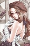  1girl breasts brown_eyes brown_hair brown_headwear closed_mouth dress from_behind glasses gloves grey_dress hand_up hat highres large_breasts long_hair looking_at_viewer looking_back original red-framed_eyewear seto_yuuki smile solo upper_body watermark web_address white_gloves 