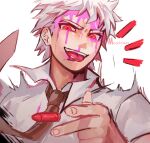  1boy artist_name bangs blood blood_on_face brown_neckwear bullet collared_shirt dangan_ronpa_(series) dangan_ronpa_2:_goodbye_despair english_commentary floating floating_object gabby_(moochisun) grey_shirt highres hinata_hajime hinata_hajime_(awakened) looking_at_viewer male_focus necktie open_mouth pink_blood red_eyes shirt short_hair simple_background solo spiky_hair tongue tongue_out upper_body upper_teeth white_background white_hair 