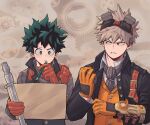  2boys absurdres alternate_costume bakugou_katsuki bangs belt black_hair black_jacket boku_no_hero_academia brown_belt brown_gloves clenched_teeth commentary freckles gloves goggles goggles_on_head green_eyes green_hair hand_up highres holding holding_pen jacket long_sleeves male_focus map midoriya_izuku modo_(modo_s2) multiple_boys open_clothes open_jacket orange_gloves orange_vest pen red_eyes shirt short_hair spiky_hair teeth upper_body vest white_shirt 