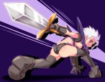  1girl ass black_panties breasts closed_mouth cougar_(cougar1404) dragon:_marked_for_death holding looking_at_viewer panties short_hair solo spiky_hair sword thigh-highs underwear weapon white_hair 