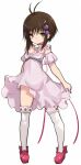  1girl antenna_hair bangs blush brown_eyes brown_hair closed_mouth copyright_request detached_sleeves dress eyebrows_visible_through_hair full_body hair_between_eyes highres karukan_(monjya) looking_at_viewer pink_dress pink_sleeves puffy_short_sleeves puffy_sleeves red_footwear ribbon-trimmed_legwear ribbon_trim shoes short_sleeves simple_background sleeveless sleeveless_dress solo standing thigh-highs white_background white_legwear 