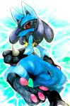  1boy animal_ears ass black_fur blue_background blue_fur blue_theme body_fur commentary_request english_commentary feet from_behind furry gen_4_pokemon highres leg_up light_particles looking_at_viewer looking_back lucario male_focus marker_(medium) mixed-language_commentary mofuo outline partial_commentary pawpads paws pokemon pokemon_(creature) red_eyes snout solo spikes tail traditional_media white_outline wolf_boy wolf_ears wolf_tail yellow_fur 