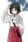  1boy black_hair bright_pupils cowboy_shot crossdressinging hair_ornament hairclip hakama hand_up holding japanese_clothes looking_at_viewer male_focus miko parted_lips red_hakama scabbard sekiya_asami sheath short_hair short_sword smile solo steins;gate sword tantou urushibara_ruka violet_eyes weapon white_pupils wide_sleeves 