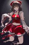  1girl absurdres bangs bare_shoulders bow brown_eyes brown_hair closed_mouth cropped_legs detached_sleeves eyebrows_visible_through_hair grey_background hair_bow hakurei_reimu highres jsscj light_particles looking_at_viewer medium_hair midriff simple_background solo touhou 