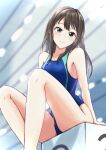  absurdres bare_legs blue_swimsuit brown_hair competition_swimsuit cyde highres idolmaster idolmaster_cinderella_girls indoors long_hair looking_at_viewer one-piece_swimsuit poolside shibuya_rin sitting starting_block swimsuit 