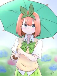  1girl bangs blue_eyes blue_flower blurry blurry_background blush bow breasts closed_mouth collared_shirt day depth_of_field eyebrows_behind_hair flower go-toubun_no_hanayome green_bow green_ribbon green_skirt green_umbrella hair_between_eyes hair_ribbon highres holding holding_umbrella hydrangea kujou_karasuma looking_at_viewer medium_breasts nakano_yotsuba orange_hair outdoors pleated_skirt rain ribbon shirt short_sleeves signature skirt solo sweater_vest umbrella white_shirt 