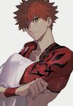  1boy arm_across_chest bangs brown_eyes emiya_shirou fate/grand_order fate_(series) igote itefu limited/zero_over looking_at_viewer male_focus orange_hair sengo_muramasa_(fate) simple_background smile solo spiky_hair upper_body white_background wristband 