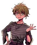  1boy :d amami_rantarou bangs collarbone commentary_request dangan_ronpa_(series) dangan_ronpa_v3:_killing_harmony eyebrows_visible_through_hair green_eyes green_hair hair_between_eyes hand_on_hip jewelry long_sleeves looking_at_viewer mako_gai male_focus messy_hair necklace open_mouth ring shirt short_hair simple_background smile solo striped striped_shirt upper_body white_background 