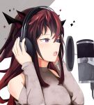  1girl absurdres bare_shoulders blue_eyes commentary hands_on_headphones headphones heterochromia highres hololive hololive_english irys_(hololive) microphone namii_(namialus_m) open_mouth purple_hair studio_microphone symbol_commentary upper_teeth violet_eyes virtual_youtuber 