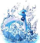  animal_focus blue_theme commentary dragonair gen_1_pokemon head_wings highres marker_(medium) mofuo no_humans partially_submerged pokemon pokemon_(creature) simple_background solo splashing traditional_media violet_eyes water white_background 