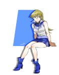  1girl 203wolves ankle_boots artist_name bangs bare_arms bare_shoulders belt blonde_hair blue_footwear blue_skirt boots breasts buttons closed_mouth commentary_request duel_academy_uniform_(yu-gi-oh!_gx) full_body high_heel_boots high_heels highres long_hair looking_at_viewer medium_breasts miniskirt signature simple_background sitting skirt sleeveless smile solo tenjouin_asuka turtleneck white_background yellow_eyes yu-gi-oh! yu-gi-oh!_gx 