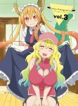 2girls ^_^ ^o^ baseball_cap blonde_hair chinese_clothes cleavage_cutout closed_eyes clothing_cutout copyright_name curtsey gradient_hair hat highres horned_headwear indoors kobayashi-san_chi_no_maidragon maid multicolored_hair multiple_girls official_art orange_hair quetzalcoatl_(maidragon) scan slit_pupils tail tail_raised tangzhuang tohru_(maidragon)