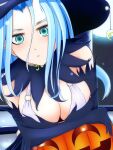  1girl blue_eyes breasts dark_souls_i dragon_girl freedays0197 green_eyes halloween hat highres horns jack-o&#039;-lantern large_breasts long_hair looking_at_viewer monster_girl priscilla_the_crossbreed slit_pupils solo souls_(series) tail white_hair witch_hat 