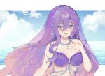  1girl artist_name bangs bead_necklace beads blue_eyes commission hair_between_eyes highres jewelry long_hair mermaid monster_girl nail_polish necklace ocean open_mouth original purple_hair rionkun81 sky solo upper_body veil 