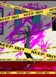  1boy :d bangs black_pants blood blood_on_wall bloody_clothes brown_eyes buxiang_(unknown_scr6) caution_tape commentary_request dangan_ronpa_(series) dangan_ronpa_2:_goodbye_despair facing_viewer foot_up from_side green_jacket hair_between_eyes hands_in_pockets highres hinata_hajime hood hooded_jacket indoors jacket keep_out komaeda_nagito long_sleeves male_focus open_mouth painting_(object) pants pink_blood shirt short_hair smile solo upper_teeth white_shirt 