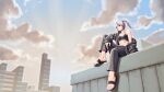  1girl abs black_bra black_footwear black_pants bra building city cityscape clouds cloudy_sky day expressionless gradient_sky half_mask highres jacket lyoung0j open_clothes open_jacket original pants ponytail sandals sitting sky skyscraper solo underwear white_hair 
