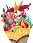  1girl animal_ear_fluff animal_ears animal_nose black_fur body_fur braixen closed_mouth commentary crepe dessert english_commentary feet food food_focus fox_ears fox_girl fox_tail from_side fruit furry gen_6_pokemon grapes hand_up happy highres ice_cream in_food kiwi_slice kiwifruit legs_up looking_at_viewer mango marker_(medium) mofuo oversized_food pawpads paws pokemon pokemon_(creature) raspberry simple_background smile snout solo stick strawberry tail traditional_media wafer_stick white_background white_fur yellow_fur 