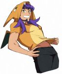  1boy alternate_costume bangs black_pants bright_pupils charizard dark-skinned_male dark_skin facial_hair gen_1_pokemon grin hand_on_hip highres hooded_shirt leon_(pokemon) long_hair looking_at_viewer male_focus morio_(poke_orio) orange_shirt pants pokemon pokemon_(game) pokemon_swsh pokemon_wings purple_hair shirt shirt_tug short_sleeves smile solo teeth themed_object white_pupils yellow_eyes 