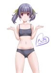  1girl black_bra black_panties bra breasts character_name cowboy_shot grey_hair highres kantai_collection looking_at_viewer navel ooshio_(kancolle) panties short_hair short_twintails simple_background small_breasts smile solo standing t2r twintails underwear underwear_only violet_eyes white_background 