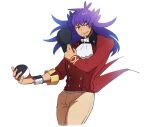  1boy bangs buttons dark-skinned_male dark_skin dynamax_band facial_hair hat highres holding holding_clothes holding_hat leon_(pokemon) long_hair male_focus morio_(poke_orio) pants parted_lips pokemon pokemon_(game) pokemon_swsh purple_hair sleeves_rolled_up smile solo tailcoat yellow_eyes 