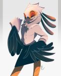  absurdres aggressive_retsuko bird closed_eyes clothes feathers furry hands_on_hips highres holding jaykittens_(artist) sanrio signature simple_background skirt solo washimi wings 