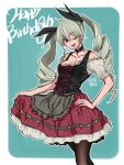  1girl alternate_costume anchovy_(girls_und_panzer) artist_name bad_id bad_twitter_id choker commentary_request coshimizumakoto dirndl drill_hair english_text german_clothes girls_und_panzer hand_on_hip happy_birthday long_hair looking_at_viewer one_eye_closed pantyhose short_sleeves signature skirt_hold solo standing twin_drills twintails 