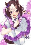  1girl absurdres animal_ears brown_hair highres horse_ears horse_girl horse_tail multicolored_hair open_mouth short_hair skirt special_week_(umamusume) tail takehana_note umamusume violet_eyes white_hair 