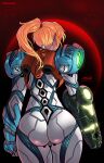  1girl arm_cannon artist_name ass back blonde_hair darkereve from_behind glowing highres jetpack metroid metroid_dread planet ponytail power_armor power_suit samus_aran solo space star_(sky) twitter_username weapon 