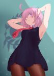  1girl ahoge anianiani0607 armpit_crease armpits arms_up dress fate/grand_order fate_(series) hands_on_own_head highres mash_kyrielight necktie one_eye_covered pink_hair red_tie short_hair simple_background sleeveless sleeveless_dress type-moon violet_eyes 