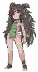  1girl bandaged_feet bare_arms bare_shoulders black_hair blush copyright_request dress full_body green_dress green_eyes karukan_(monjya) long_hair looking_at_viewer parted_lips sketch sleeveless sleeveless_dress solo standing two_side_up very_long_hair 