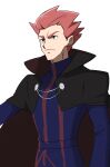  1boy black_cape blue_jacket blue_pants cape closed_mouth commentary_request frown highres jacket lance_(pokemon) male_focus morio_(poke_orio) orange_hair pants pokemon pokemon_(game) pokemon_hgss popped_collar short_hair simple_background solo spiky_hair white_background 