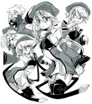  1girl armpits backless_outfit bare_shoulders beret blazblue blonde_hair blush chibi chibi_inset collage detached_sleeves expressions gloves green_eyes greyscale hat mako_gai monochrome necktie nervous noel_vermillion ragna_the_bloodedge ramen scared short_hair thigh-highs 