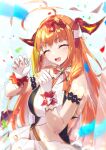  1girl ahoge bangs blonde_hair blunt_bangs braid closed_eyes dragon_girl dragon_horns gloves highres hololive horns kasumi_komo kiryu_coco long_hair open_mouth orange_hair pointy_ears red_ribbon ribbon side_braid solo virtual_youtuber white_gloves 