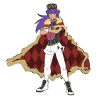  1boy bangs baseball_cap cape champion_uniform closed_mouth crossed_arms dark-skinned_male dark_skin facial_hair full_body fur-trimmed_cape fur_trim gloves hat highres leggings legs_apart leon_(pokemon) long_hair male_focus morio_(poke_orio) number pokemon pokemon_(game) pokemon_swsh purple_hair red_cape shield_print shirt shoes short_shorts short_sleeves shorts single_glove smile solo standing sword_print white_legwear white_shorts yellow_eyes 